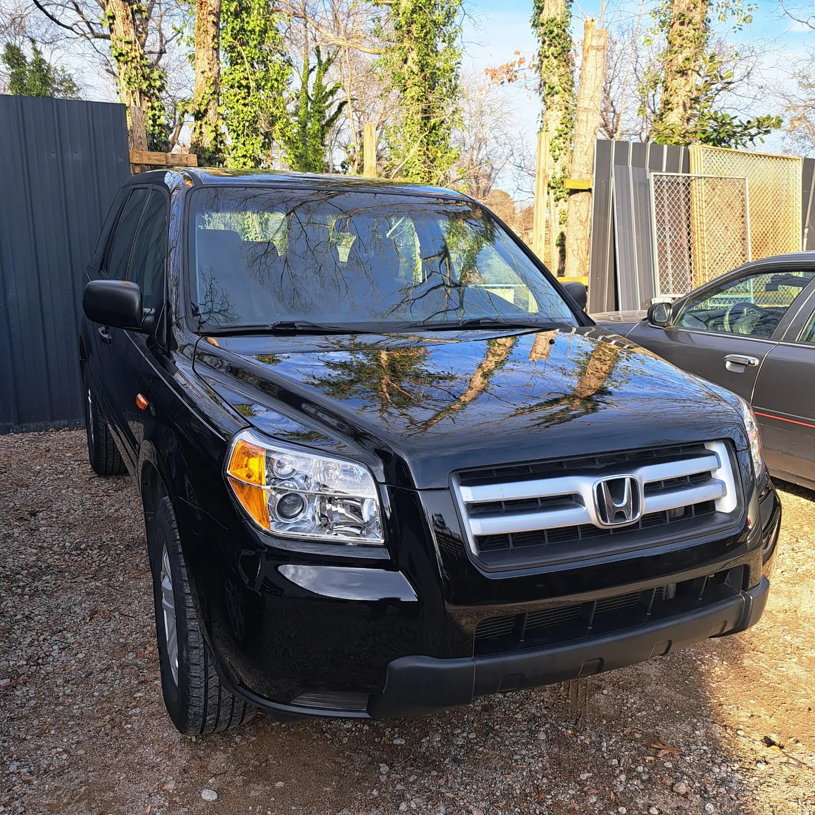 Glossy black SUV front end reflecting trees in outdoor lot — The ARK Body Shop and Collision Center in Concord